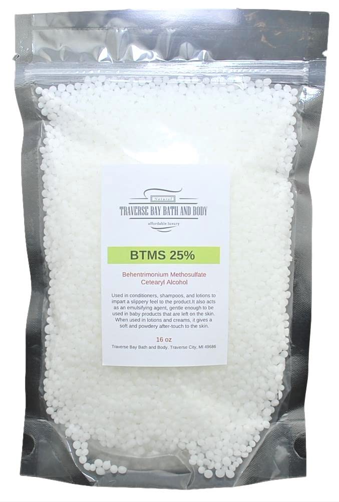 Traverse Bay Bath and Body BTMS Behentrimonium Methosulfate Cetearyl Alcohol 25% - 16 oz. Conditioning Emulsifier Resealable stand-up moisture barrier pouch.