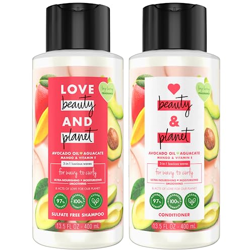 Love Beauty Planet Shampoo and Conditioner, Avocado Oil (Aguacate), Mango & Vitamin E - Sulfate-Free Shampoo & Conditioner, Wavy Hair & Curly Hair Products, Scented 13.5 Oz (2 Piece Set)