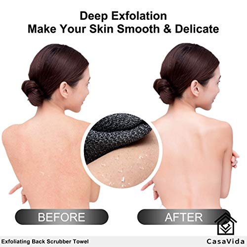 CASAVIDA Back Scrubber for Shower Nylon Bath Towel Washer Exfoliating Washcloth Rear Japanese Stretchable Strap Wash Cloth Body Exfoliation 2 Pack (Blue + Charcoal Gray)