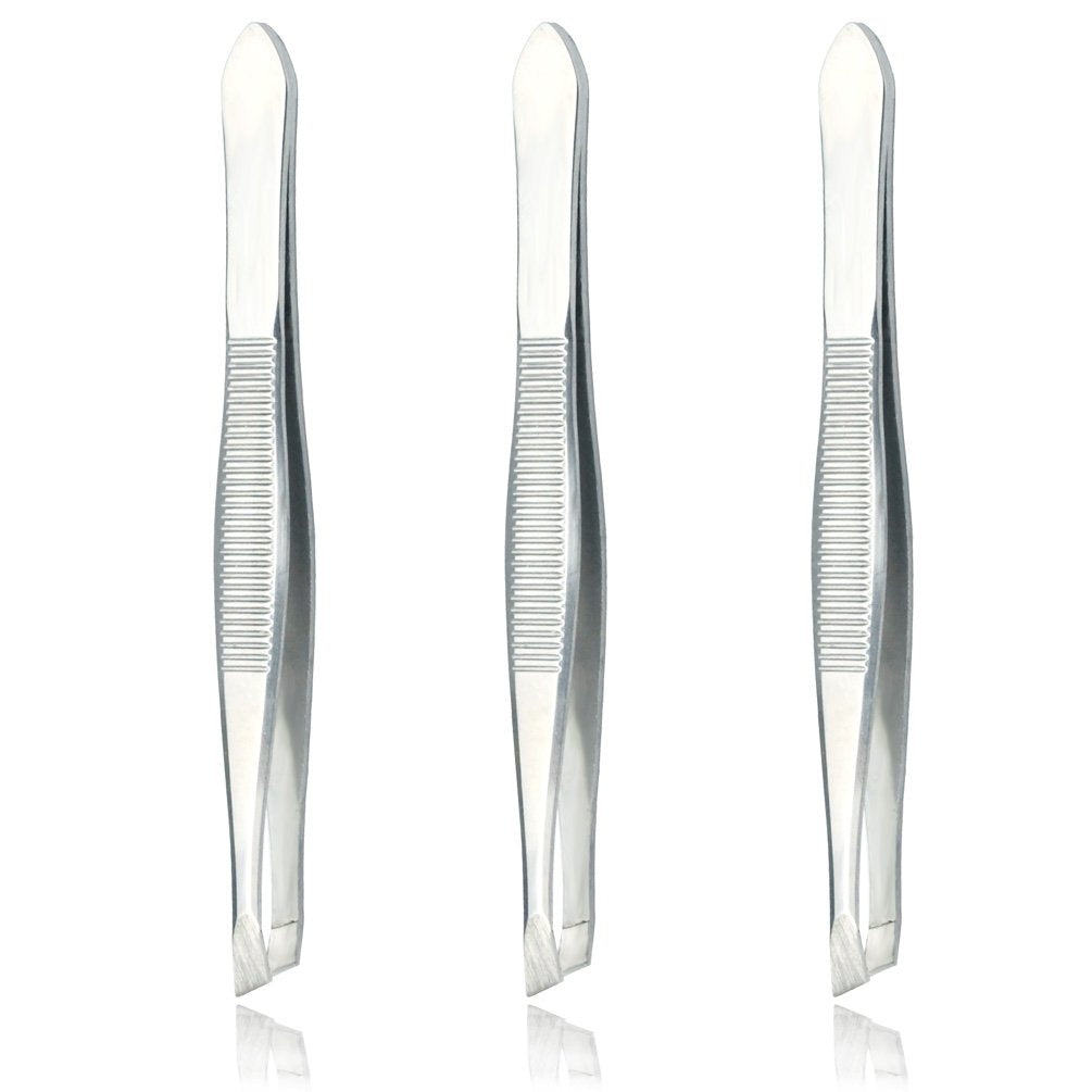 Luxxi (3 Pack) Slant Tweezers - Stainless Steel Slant Tip Tweezers Hair Plucker for Hair and Eyebrows Personal Care (Silver Tone)