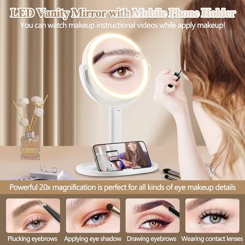 MOMOKUBA Makeup Mirror with Lights, Double Sided 1x/20x Magnifying Mirror with Light, Rechargeable 3 Color Lights and Adjustable Brightness, 360° Rotation Detachable Comes with Tweezer(White)