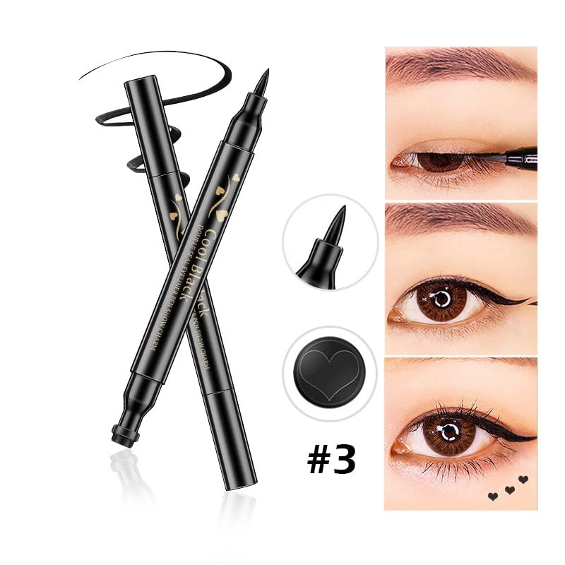 Pinkiou 2 in 1 Double-headed Liquid Eyeliner Pen Stamp Super Slim Gel Felt Tip High Pigment Black Waterproof Smudgeproof Long Lasting Makeup Tool(Heart)