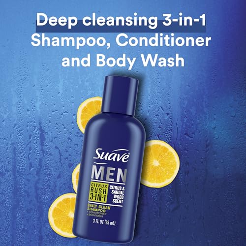 Suave Men Body Wash 3-in-1 Citrus Rush – Travel-Size Shampoo, Conditioner & Body Soap All-in-One Formula with Keratin for Healthy Hair & Skin, 3 Oz Ea (Pack of 3)