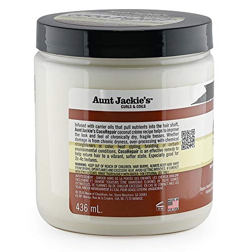 Aunt Jackie's Coconut Crème Recipes Coco Repair Deep Hair Conditioner, Delivers Nourishment, Stops Damage, Breakage for Natural Curls, 15 oz