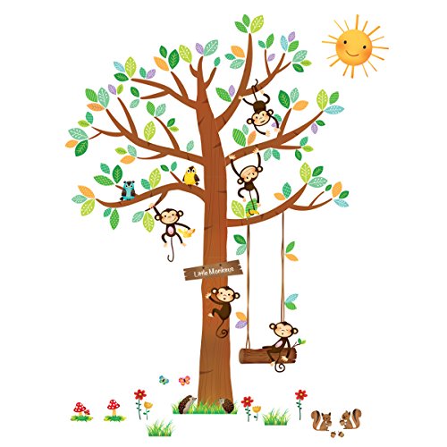 DECOWALL SG-1401P1402 9 Little Monkeys Tree and Height Growth Chart Kids Wall Stickers Wall Decals Peel and Stick Removable Wall Stickers for Kids Nursery Bedroom Living Room