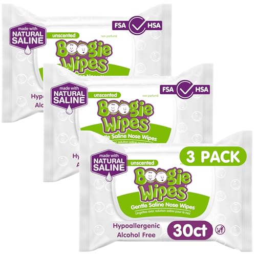 Boogie Wipes, Saline Wipes for Baby & Kids, Nose Booger Wipes for Allergy Relief, Face, Hand & Body, Made with Vitamin E, Aloe and Natural Saline, Unscented, 30 Count (Pack of 3)