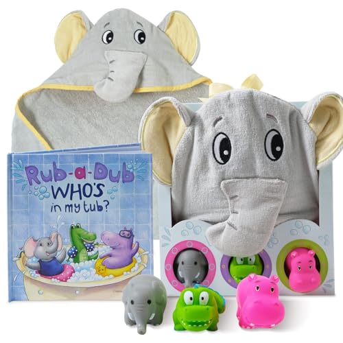 Tickle & Main Rub-a-Dub Gift Set, 5-Piece Baby Bath Set Includes Elephant Hooded Towel, 3 Jungle Safari Squirt Toys, and Book for Boys and Girls