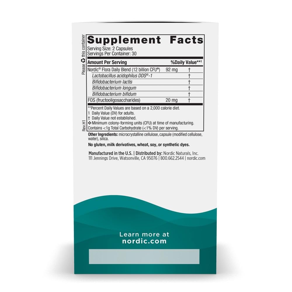 Nordic Naturals Nordic Flora Probiotic Daily - 60 Capsules - 4 Probiotic Strains with 12 Billion Cultures - Optimal Wellness, Immune Support, Digestive Health - Non-GMO, Vegan - 30 Servings