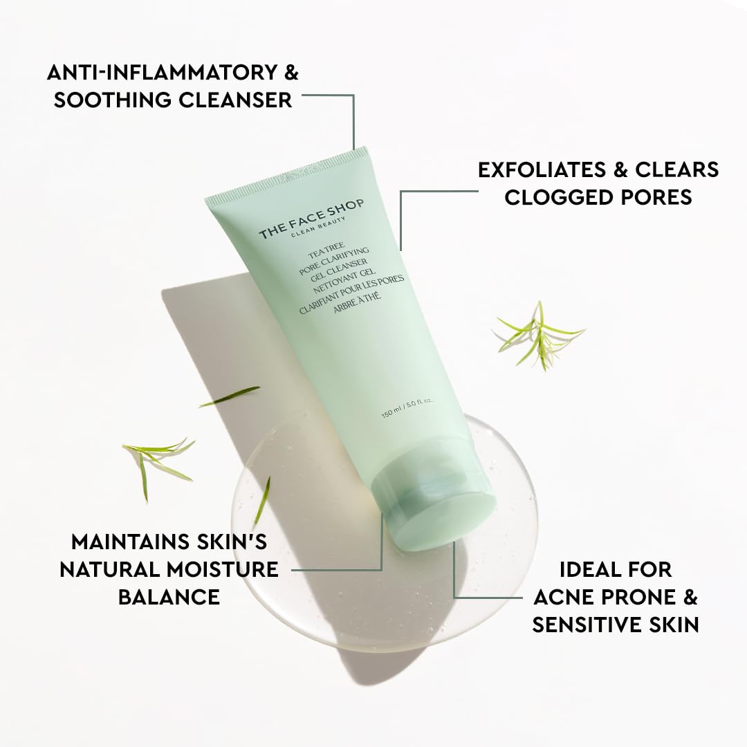 THE FACE SHOP Tea Tree Pore Clarifying Gel Cleanser | Gentle Facial Foam Cleanser for Acne-Prone Skin | Removes Excessive Sebum with Soothing Effect | 5.0 fl. Oz,K-Beauty