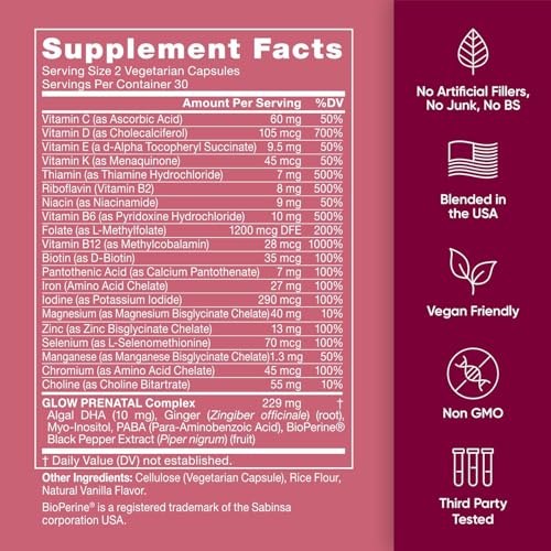 Glow Prenatal Vitamins for Women – 20-in-1 Vital Nutrients for Healthy Pregnancy and Fetal Development – Folic Acid & Vegan DHA For Baby's Growth & A Comfortable Pregnancy – 60 Nourishing Capsules