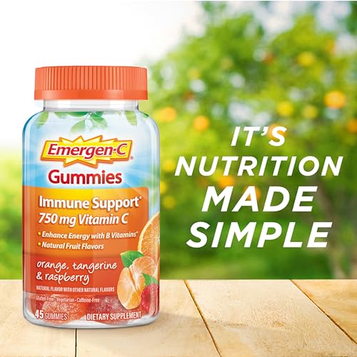 Emergen-C 750mg Vitamin C Gummies for Adults, Immunity Gummies with B Vitamins, Gluten Free, Orange, Tangerine and Raspberry Flavors, 45 Count (Pack of 1)