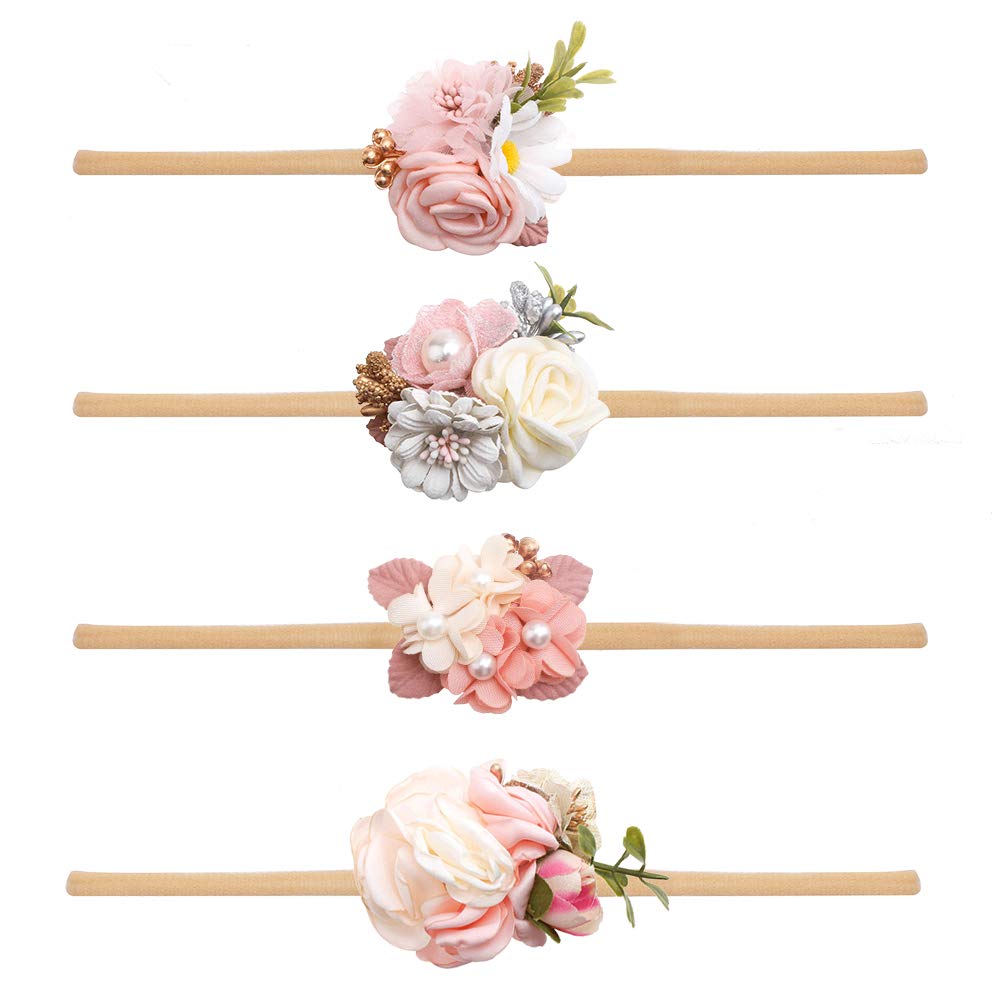cherrboll 4pcs Baby Girl Headbands Flowers, Super Soft & Stretchy Nylon Floral Hairbands for Newborn Toddler