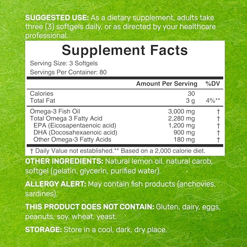 DEAL SUPPLEMENT Omega 3 Fish Oil Supplements, 3,000mg Per Serving, 240 Softgels – EPA 1,200mg + DHA 900mg – Burpless Pills, Lemon Flavored, Wild Caught – Brain & Heart Support – Mercury Free, Non-GMO