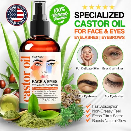 SELFWISE Organic Castor Oil For Face Moisturizer, Eyes, Eyelashes, Eyebrows, Wrinkles with Jojoba, Rosehip, Grapeseed, Squalane, Palmarosa, Bergamot and Vitamin E for Gentle Skin, Men & Women 1oz