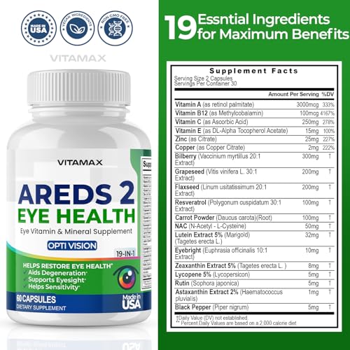 AREDS 2 Eye Vitamins - Lutein, Zeaxanthin, Bilberry, Astaxanthin Mineral Vision Supplement - Supports Eye Strain, Dry Eyes, Pressure, and Vision Health - Made in USA (120ct)