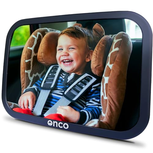 Onco Baby Car Mirror Rear Facing - Double Award-Winning Convex Car Mirror for Baby, 100% Shatterproof & Shakeproof with 360° Rotation, Newborn Essentials (9.6 x 6.9 in)