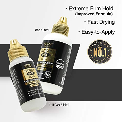 EBIN NEW YORK Wonder Lace Bond Wig Adhesive Supreme 3.04oz/90ml | Invisible Bonding Glue, Strong Hold for Poly and Lace Hairpiece, Latex Free and Waterproof