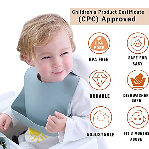 Moonkie Silicone Baby Bibs Set Of 3, BPA Free Soft Adjustable Fit Waterproof Feeding Bibs for Babies and Toddlers(Kallaite/Lunar Grey/Offwhite)