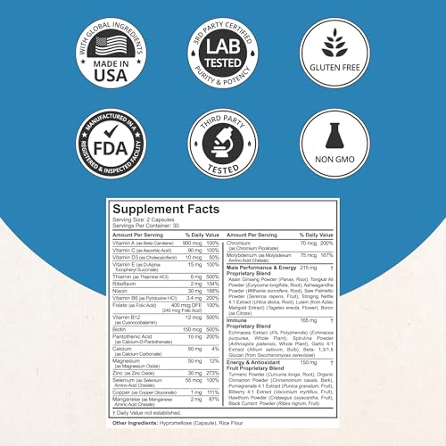 38-in-1 Capsules Asian Ginseng, Ashwagandha, Turmeric, Tongkat Ali, Saw Palmetto, Vitamins, Minerals, Herbals by Men's Multi 18+ - Bones, Muscle Strength, Immune Support - 60 Capsules
