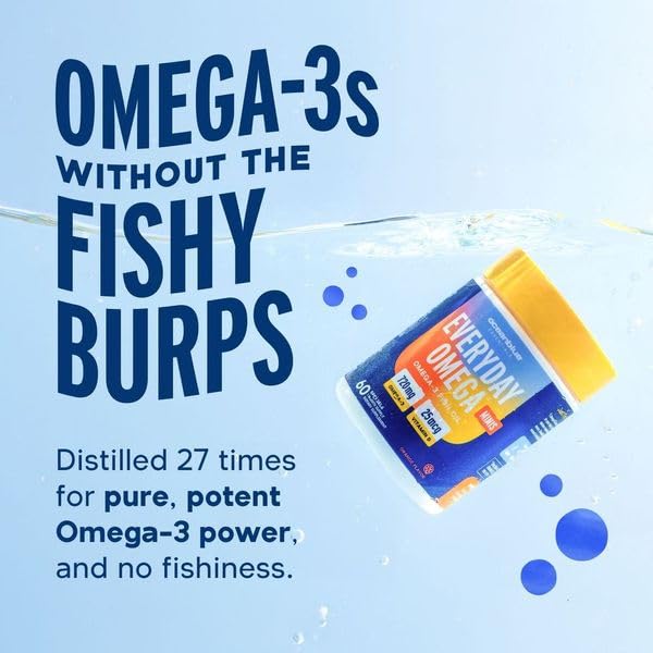 Oceanblue Essentials Everyday Omega Minis – 180ct – Burpless Fish Oil with Vitamin D3 – for Heart and Immune Support – Easy to Swallow Mini Softgels – Tasty Orange Flavor – 3 Month Supply