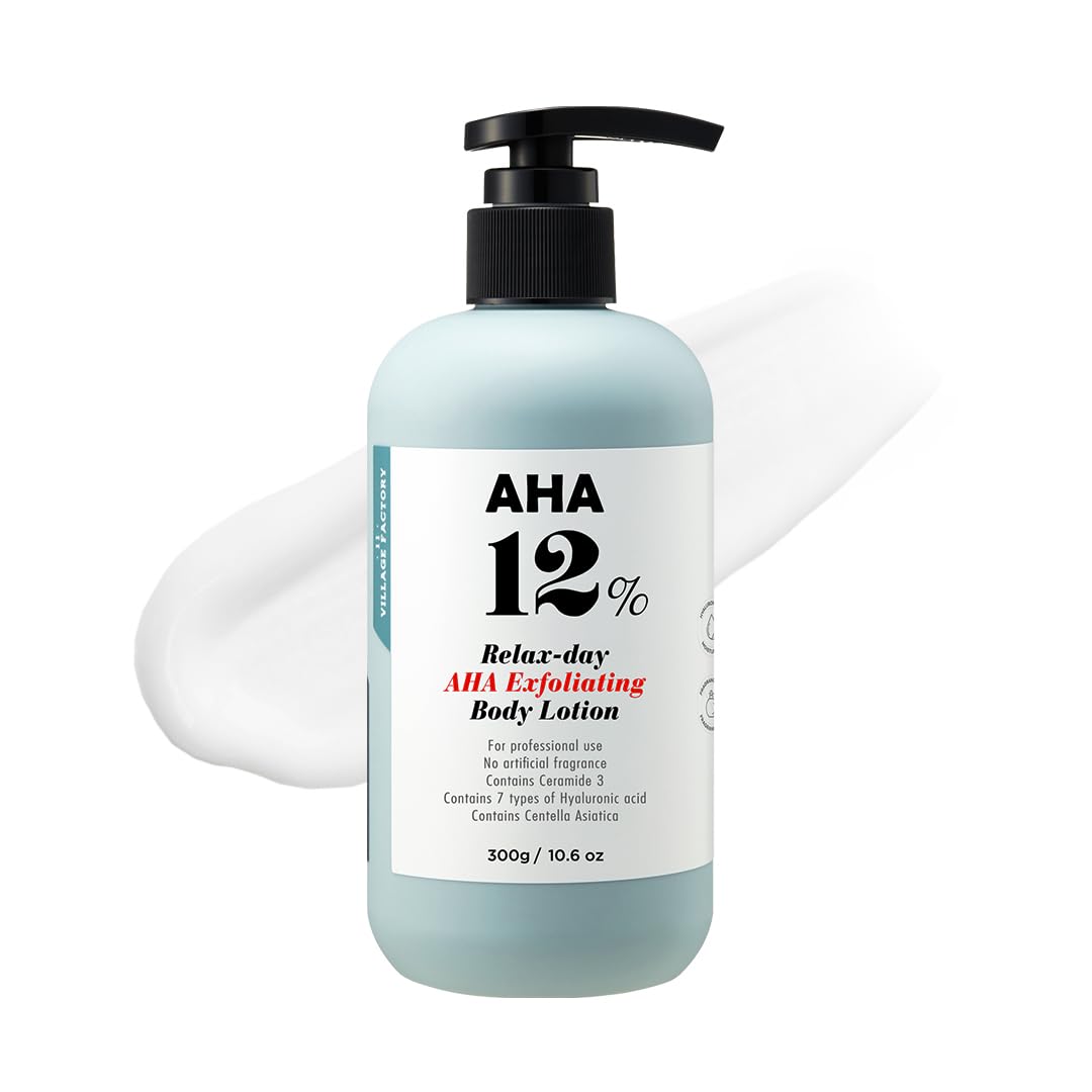 VILLAGE11FACTORY AHA 12% Body Lotion, Korean Body Cream, Exfoliating & Rejuvenating Formula with 12% Glycolic Acid and Hyaluronic Acid. Unscented, Paraben Free. 10.6 Oz