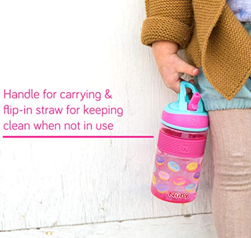 Nuby Thirsty Kids Flip-it Freestyle On the Go Water Bottle with Bite Resistant Hard Straw Cup and Easy Grip Band, Pink Donuts, 12 Ounce