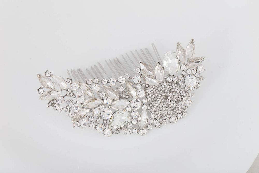 Deniferymakeup Bridal Comb Floral Silver Crystal Leaf Bridal Hair Comb Vintage Inspired Hairpiece Bridal Hair Accessories Crystal Comb Veil Clip