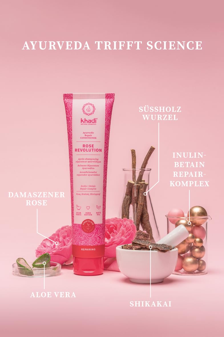 KHADI ROSE REVOLUTION Ayurvedic Repair Conditioner, Instant combility and daily care without silicones, 100% natural, vegan & sulfate-free, Certified Natural Cosmetics, 6.7oz