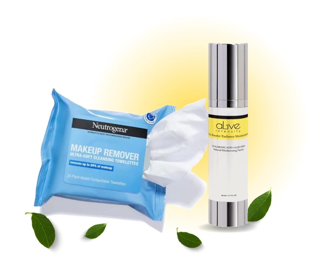 Neutrogena Cleansing Makeup Wipes Remover Facial 25ct. with Alive Intensity Tri-Booster Radiance Moisturizer 1.7 FL OZ Set (Neutrogena Remover Wipes + Tri-Booster Alive Intensity)
