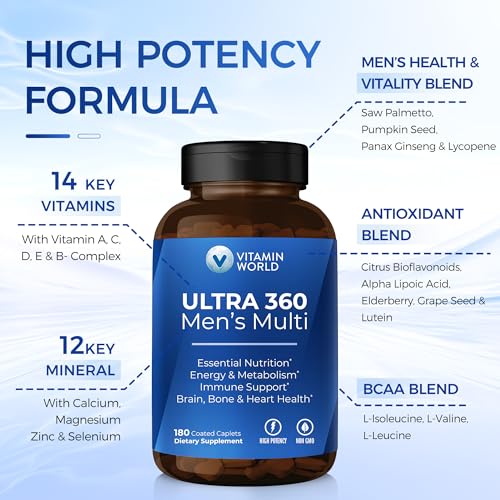 Vitamin World Ultra 360 Multivitamin for Men, Men's Multivitamin with Herbs & Antioxidants for Energy & Performance, Supplement with Vitamin A, C, D, E, B12 & Zinc for Immune Support, 180 Caplets