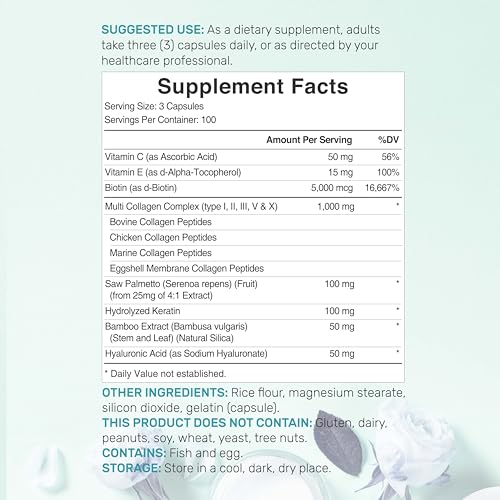 Multi Collagen Pills with Vitamin C, E & Biotin, 300 Capsules – Hydrolyzed Collagen Peptides – 11 in 1 Formula with Saw Palmetto, Bamboo Silica, & Hyaluronic Acid – Hair, Skin, Nail, & Joint Health