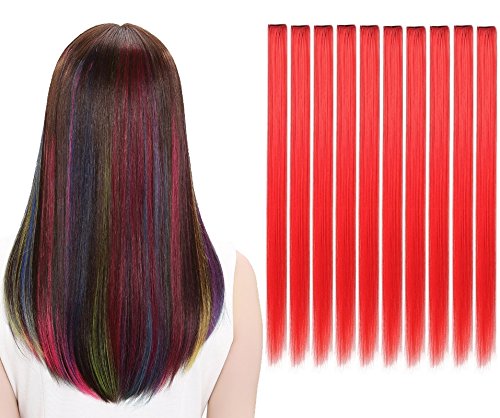 LiaSun 10Pcs/set Multi-Colors Straight Highlight Clip in Hair Extensions 20 Inch Colored Party Hair Pieces(Red)