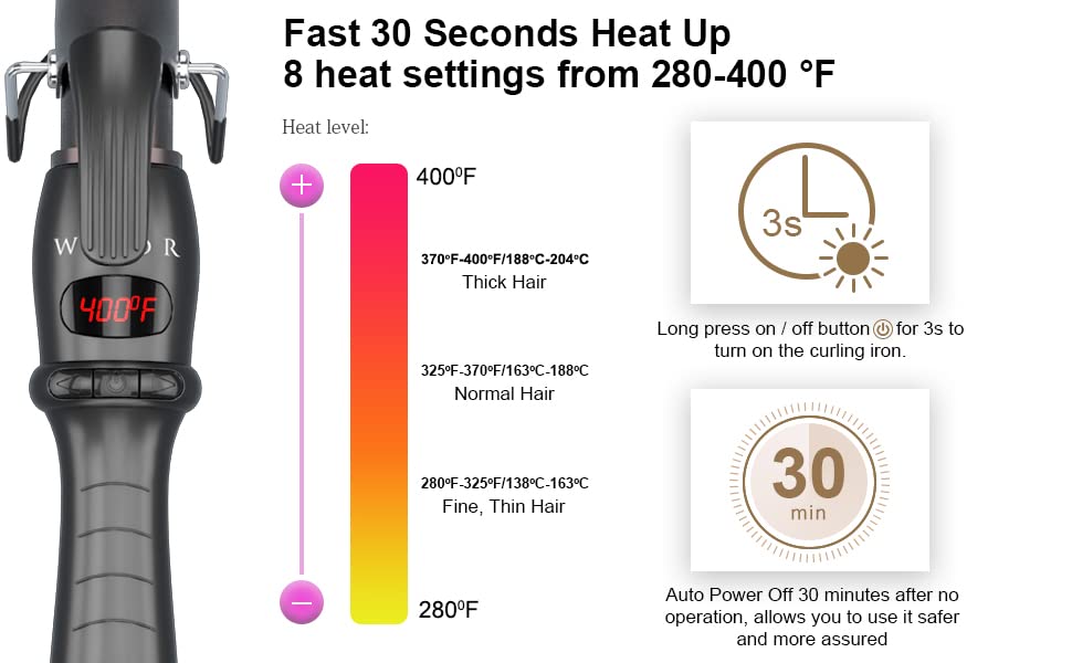 Wazor Hair Curler 1-1/2 Tapered Ceramic Hair Curling Iron Digital Display Screen Curling Wand With Temp Setting and Auto Shut Off