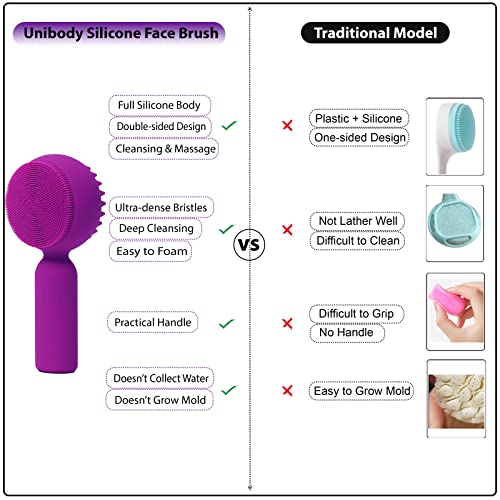 Silicone Facial Cleansing Brush 2 in 1 Silicone Facial Scrubber Manual Exfoliating Facial Brush Face Cleanser Face Exfoliator Ultrafine Bristles for Sensitive Skin Easy to Clean Lather Well (Purple)
