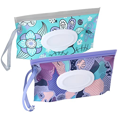 FEBSNOW 2 Pack Baby Wipe Dispenser, Reusable Portable Wipe Holder, Baby Wipes Container, Travel Baby Wipes, Refillable Wet Wipe Pouch (Floral)