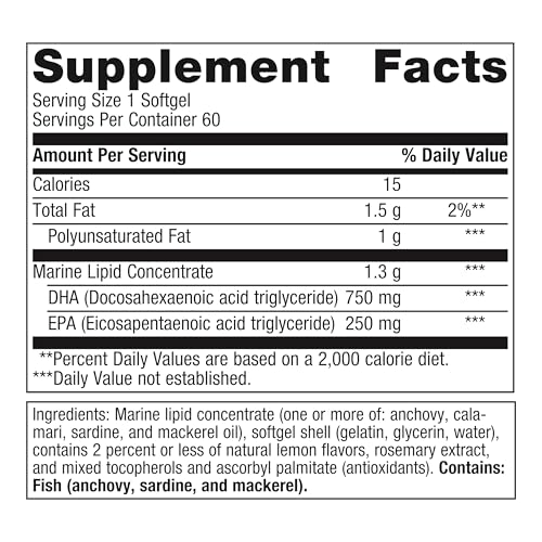 Metagenics OmegaGenics Fish Oil Neuro 1000 mg - 750 mg DHA - 250 mg EPA - Brain Health & Heart Health* - Non-GMO & Gluten-Free - No Fishy Taste - 60 Softgels