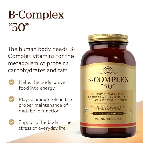 Solgar B-Complex “50”, 250 Vegetable Capsules - Energy Metabolism, Cardiovascular Support, Nervous System Support - Non-GMO, Vegan, Gluten Free, Dairy Free, Kosher - 250 Servings