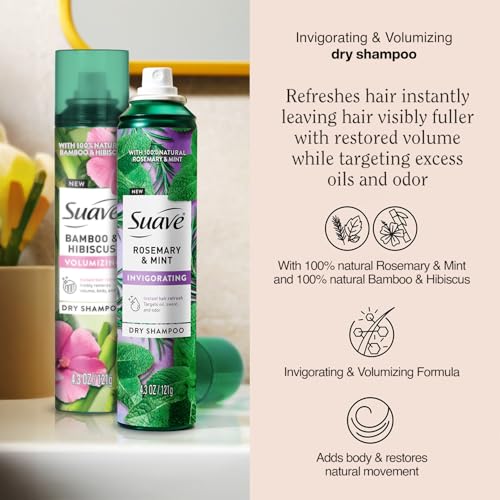 Suave Dry Shampoo Spray Variety 2-Pack – Invigorating Rosemary & Mint + Volumizing Bamboo & Hibiscus, 4.3 Oz Ea