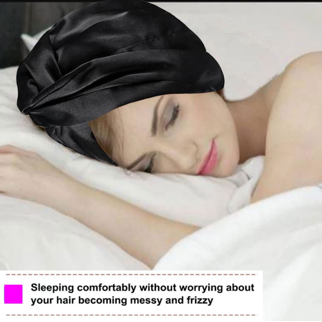 FRX 2021 New Silk Sleeping Cap for Women Hair Care Hair Cap, Imitation Silk Night Hair Bonnet for Sleeping, Double Layer Silky Head Scarf Hat for Sleeping with Elastic Band (Black)