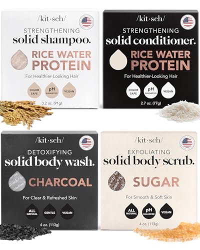 Kitsch 4pc Set - Rice Water Shampoo & Conditioner Bar, Charcoal Body Soap & Sugar Scrub Bar, Solid Bars with Castor Oil & Coconut Oil, Vegan, Paraben-Free, Hair & Body Care