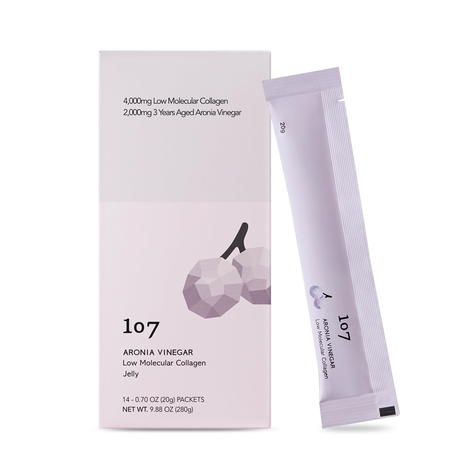 107 ARONIA Vinegar Low Molecular Collagen Jelly Stick l Vitamin, Collagen, Hyaluronic Acids, Elastin, Probiotic l Korean Beauty Collagen l Inner Beauty Collagen Sticks (20g x 14 Pouches)