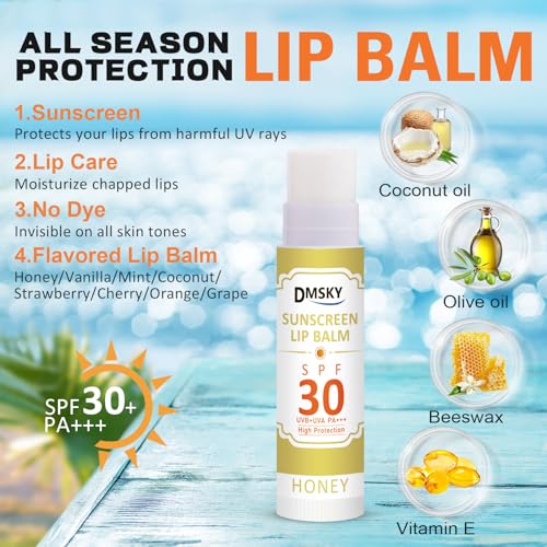 DMSKY SPF 30 Lip Balm Bulk 16 Pack, Sunscreen Lip Balm Broad Spectrum UVA/UVB Protection, Travel Size Sunscreen for Lips
