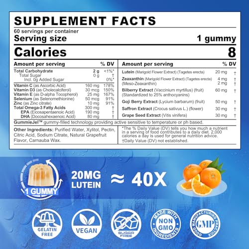 Sugar Free Lutein 20mg 40mg and Zeaxanthin Gummies for Eyes with Omega 3 (EPA 190mg & DHA 80mg), Eye Vitamins Filled Gummies Plus Bilberry, Goji Berry & Saffron, Eye Health Supplements - Vegan, 60Cts