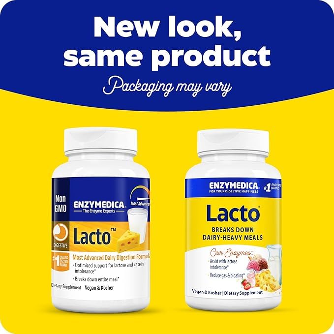 Enzymedica Lacto, Maximum Strength Formula for Dairy Intolerance, with Enzymes Lactase and Protease, Relieves Digestive Discomfort, 90 Capsules (90 Servings)