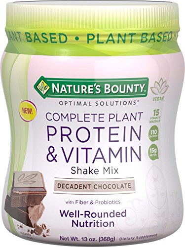 Complete Plant Protein & Vitamin Shake Mix by Nature's Bounty Optimal Solutions, with Fiber and Probiotics, Plant Based, Decadent Chocolate, 13 Oz