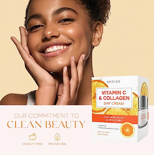 Skin 2.0 Vitamin C & Collagen Face Moisturizer - Dermatologist Tested, Anti-Aging, Skin Tightening - Brightening, Clean Beauty, Cruelty-Free, Korean Skincare for All Skin Types - 1.69 Fl oz