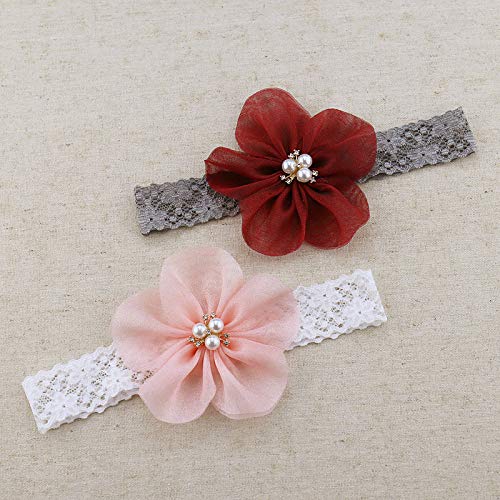 Kercisbeauty Baby Girls Flower Bows Headband Lace Headwear for Toddler Babies Elastic Adjustable Head piece Wreath Halloween Holiday Sunday Headband (Pink)