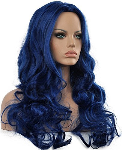 Kaneles Long Curly Wavy Blue Wigs for Women Ultra Soft Heat Resistant Fiber Party Cosplay Accessories (Blue)