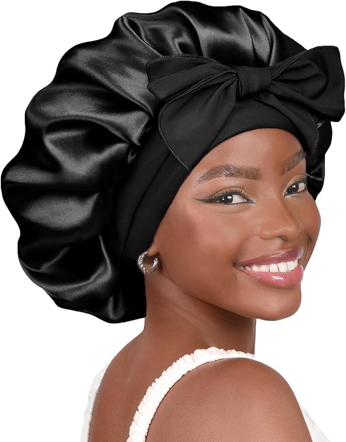 YANIBEST Silk Bonnet for Sleeping Women Adjustable Double Layer Satin Bonnet Reduce Friction Prevent Frizz Natural Curly Hair, Black