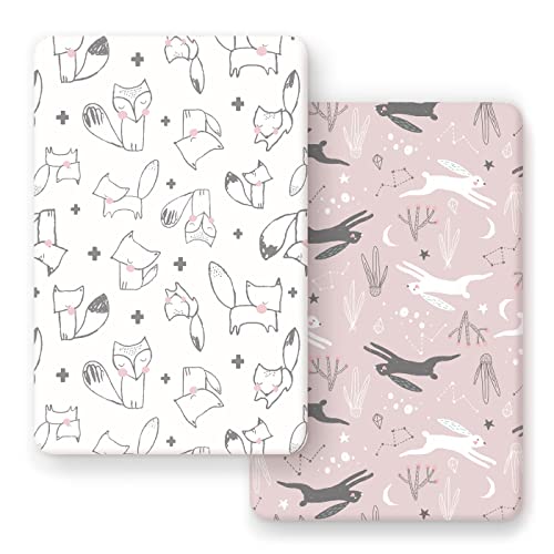 GRSSDER Stretchy Ultra Soft Jersey Knit Pack n Play Sheets Set 2 Pack, Portable/Mini Cribs Playard Sheets, Cute Foxes and Rabbits for Baby Girls and Boys